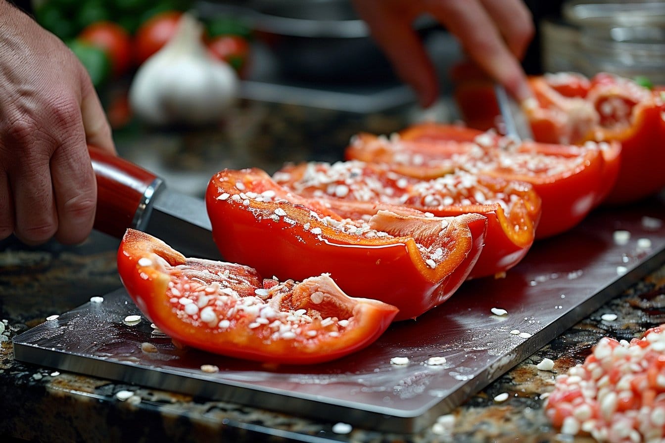 Gros plan de mains coupant un gros poivron rouge sur une planche à découper, avec des graines blanches visibles éparpillées. Une tête d'ail entière et des tomates sont floues à l'arrière-plan, suggérant un décor de cuisine.