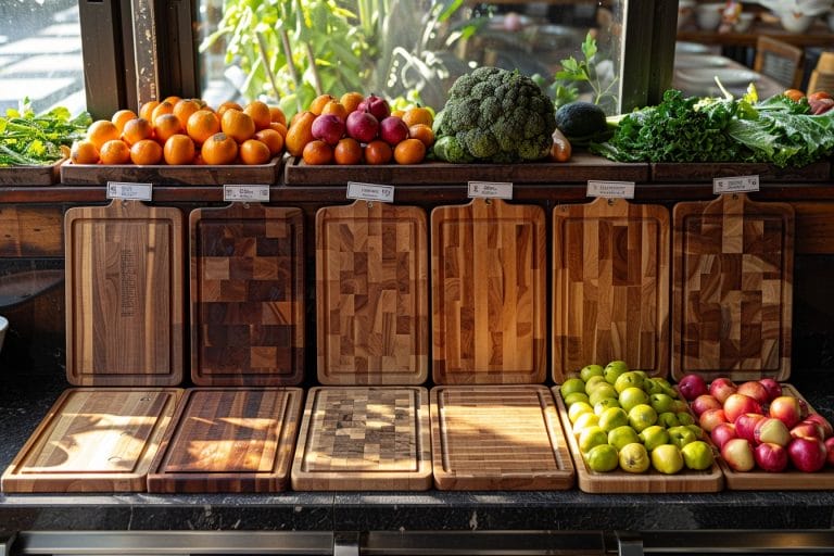 Une exposition de planches à découper en bois devant une fenêtre. Au-dessus, des oranges, des pommes, du brocoli et des légumes verts à feuilles sont disposés. La lumière du soleil entre à flots, projetant des ombres sur les planches. Des étiquettes sont apposées sur les planches en bois.