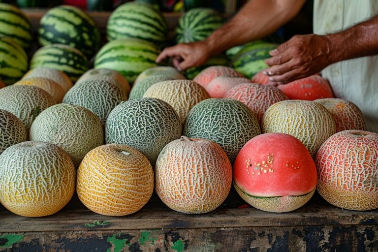 Une variété de melons est présentée sur une table, notamment des cantaloups, des pastèques et un melon rose unique coupé en deux pour révéler ses graines. Les mains d'une personne sont visibles en arrière-plan, en train de disposer les fruits.