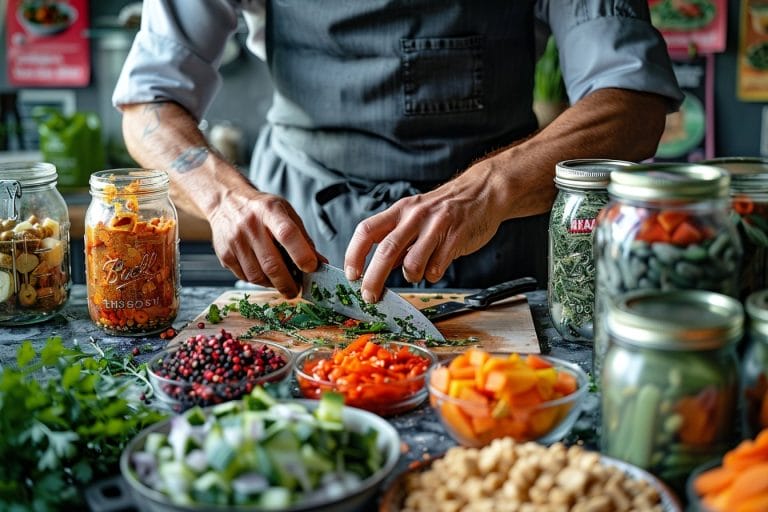 Une personne portant un tablier gris coupe des légumes verts à feuilles sur une planche à découper en bois. Autour d'elle se trouvent des bocaux remplis de divers ingrédients colorés, comme des poivrons tranchés, des baies et des noix, sur un comptoir de cuisine.