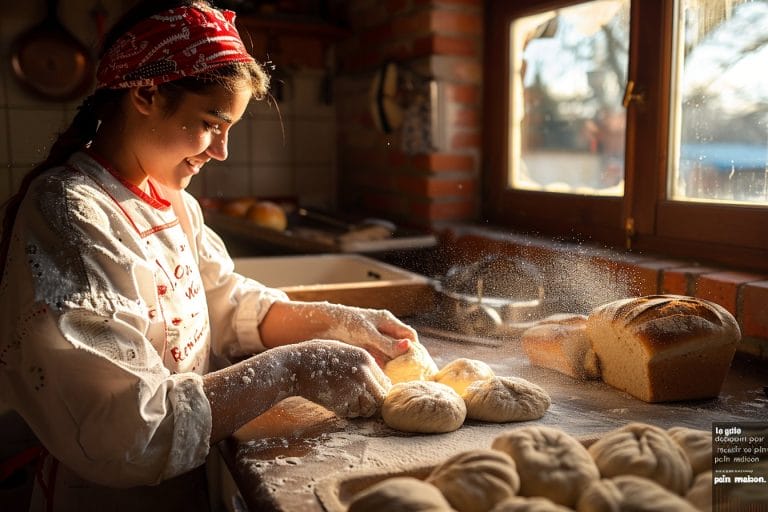 Une personne portant un foulard rouge et un tablier pétrit la pâte sur un plan de travail de cuisine fariné, avec des pains à proximité. La lumière du soleil entre par une fenêtre, projetant une lueur chaleureuse sur le décor rustique de la cuisine.