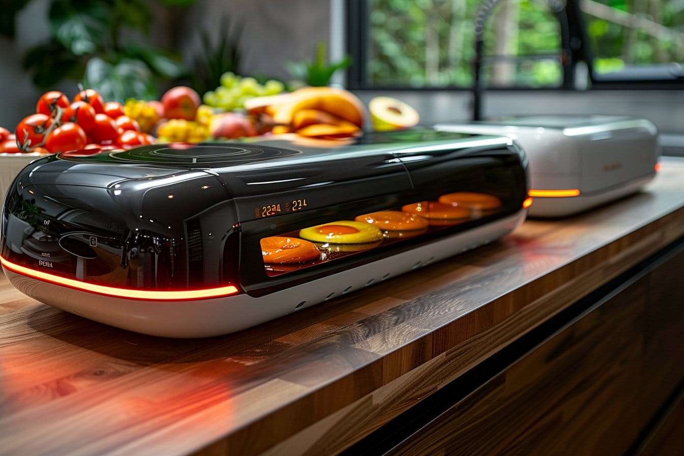 Un appareil de cuisine moderne et élégant fait cuire des beignets colorés sur un plan de travail en bois. Des fruits et légumes frais, notamment des tomates, des bananes et des pommes, sont en arrière-plan, avec une vue sur la verdure depuis la fenêtre.