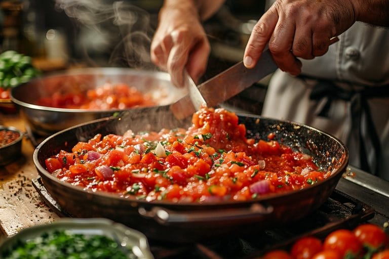 Une personne dans une cuisine mélange une sauce tomate fumante avec des oignons hachés, des herbes et des épices dans une casserole. Des tomates fraîches, des herbes et d'autres ingrédients sont visibles sur le plan de travail en bois à proximité.