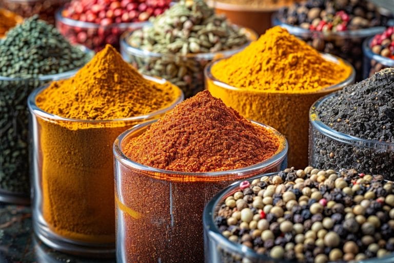 Un assortiment vibrant d'épices colorées dans des bocaux en verre. Chaque bocal est rempli d'épices différentes, telles que du curcuma, de la poudre de chili, des grains de poivre mélangés et des graines. L'image met en valeur les riches textures et teintes des épices.