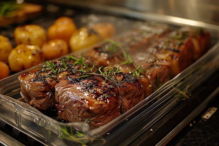 Steaks grillés garnis de romarin et accompagnés de pommes de terre rôties, disposés dans un plat allant au four. Les steaks semblent juteux et assaisonnés, avec une croûte dorée. De la vapeur s'échappe du plat, indiquant qu'ils sont fraîchement cuits.