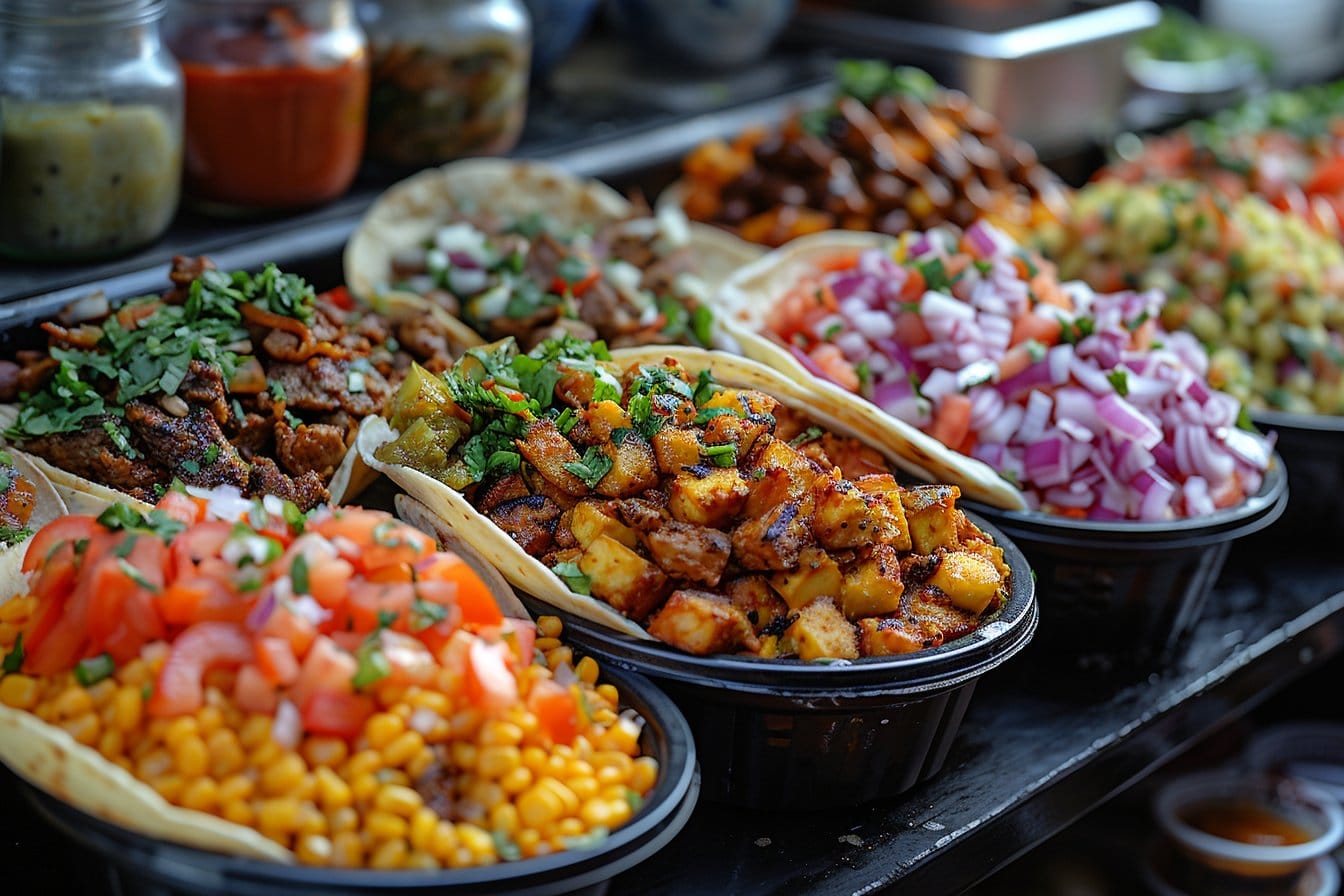 Un plateau de tacos coloré garni d'une variété de garnitures, notamment des tomates en dés, des légumes grillés, des oignons rouges, du maïs et de la coriandre fraîche. Les tacos sont disposés en rangée sur un plateau de service, mettant en valeur leurs ingrédients vibrants.
