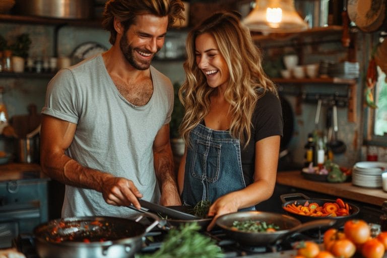 Un homme et une femme souriants préparent ensemble un repas dans une cuisine chaleureuse. Ils cuisinent avec divers ingrédients frais, notamment des légumes verts et des poivrons, créant ainsi une atmosphère animée et chaleureuse.