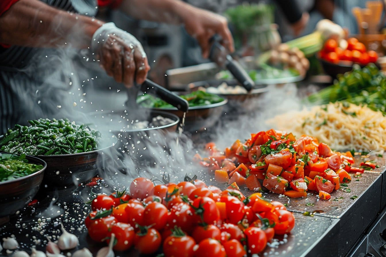 Les mains d'un cuisinier préparent habilement des légumes sur un gril fumant. Des ingrédients frais, notamment des tomates cerises, des poivrons et des haricots verts, sont disposés de manière artistique. La vapeur monte, mettant en valeur les couleurs vives des ingrédients.