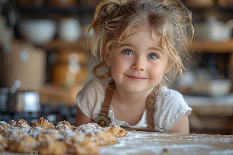 Un jeune enfant aux cheveux blonds sourit tout en se penchant sur une table remplie de pâtisseries fraîchement cuites et saupoudrées de sucre glace. L'arrière-plan présente des étagères avec des ustensiles de cuisine.