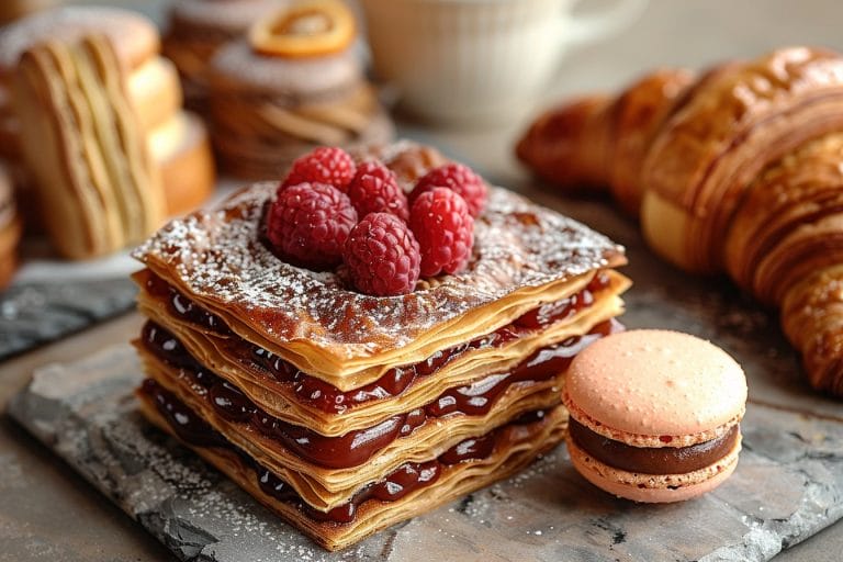 Une scène de dessert décadente avec une pile de pâtisseries feuilletées remplies de confiture rouge, garnies de framboises fraîches et saupoudrées de sucre glace. À proximité, un macaron rose et un croissant sont visibles, créant un assortiment alléchant de produits de boulangerie.