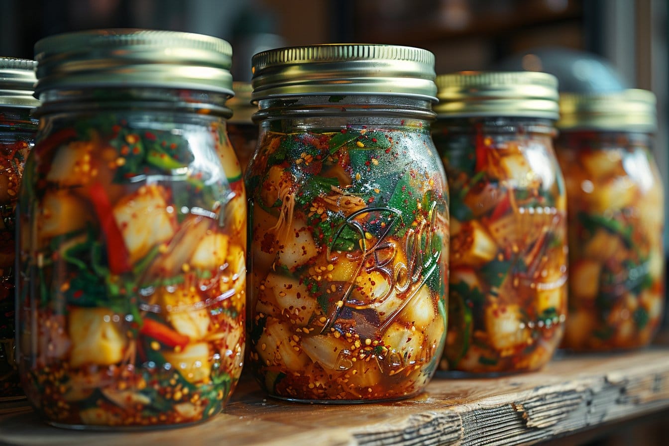 Plusieurs bocaux en verre remplis de kimchi maison aux couleurs vives sont posés sur une étagère en bois. Les bocaux contiennent un mélange de chou chinois, d'épices et de flocons de piment rouge, présentant une apparence colorée et appétissante.