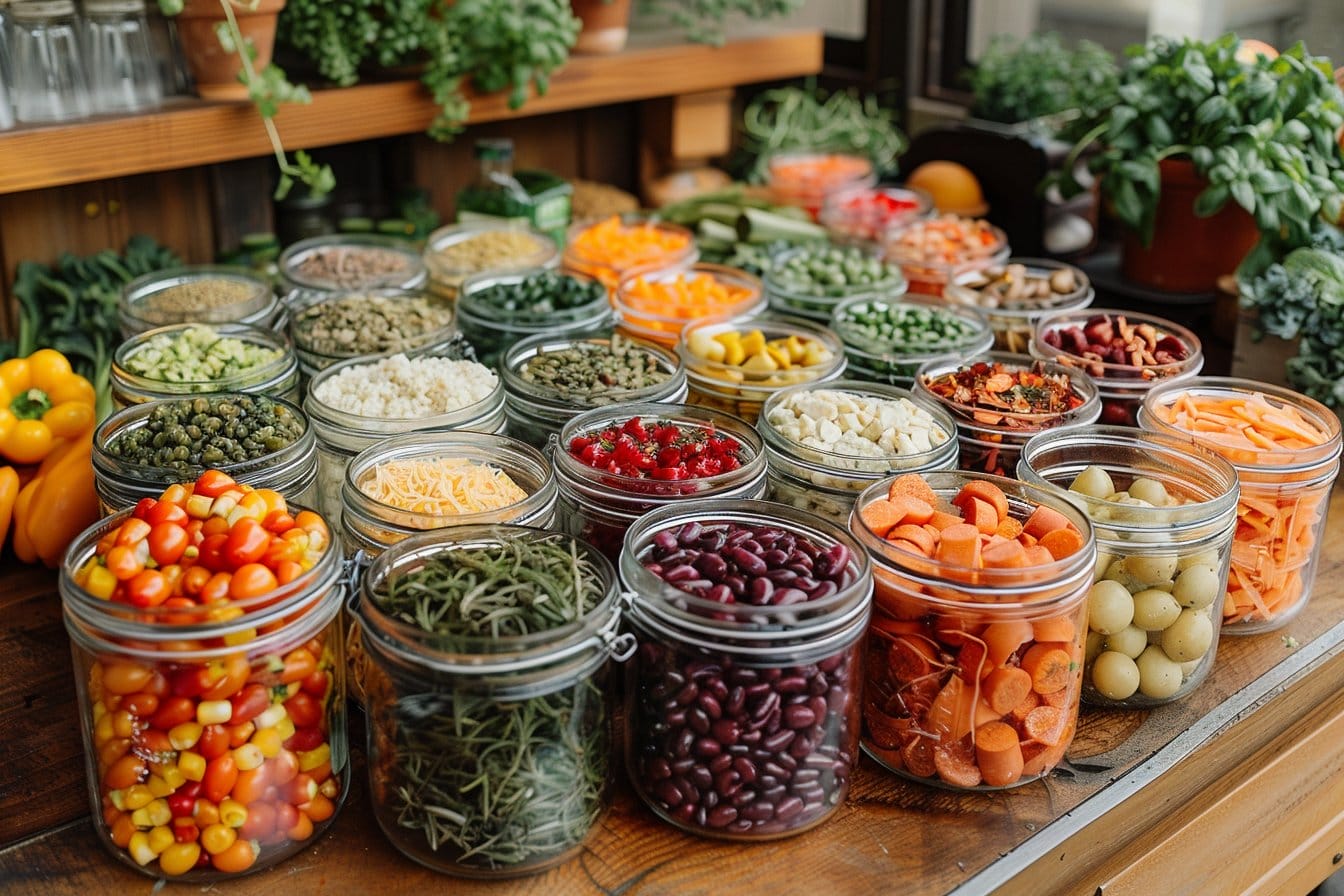 Des bocaux remplis d'une variété de légumes colorés, d'herbes et de céréales sont soigneusement disposés sur une table en bois. Les plantes environnantes ajoutent une toile de fond fraîche et verte à cet assortiment dynamique.