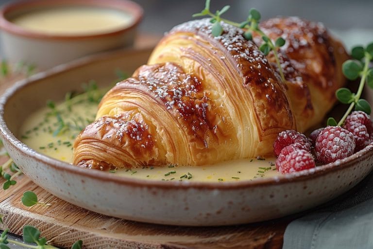 Un croissant feuilleté saupoudré de sucre glace est posé sur une assiette remplie de sauce crémeuse, agrémentée de jeunes pousses. Des framboises fraîches et un bol de sauce sont à proximité, ajoutant à la présentation élégante.