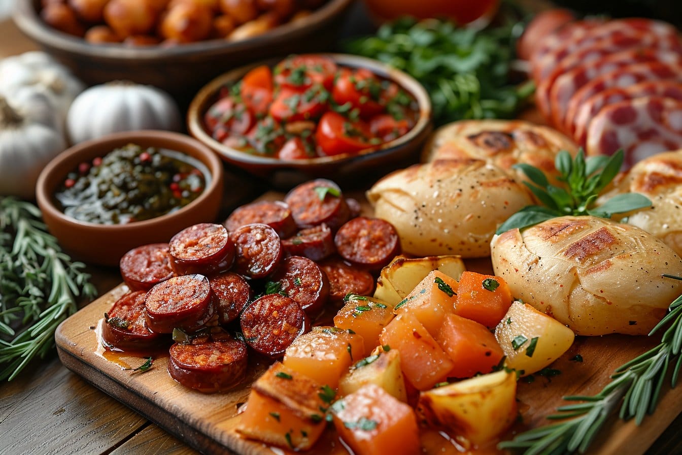 Une planche en bois rustique avec du chorizo tranché, des pommes de terre et des courges rôties et des petits pains garnis d'herbes. Autour de la planche se trouvent des bols de tomates en dés, de sauce épicée, de romarin, d'ail et de salami roulé.