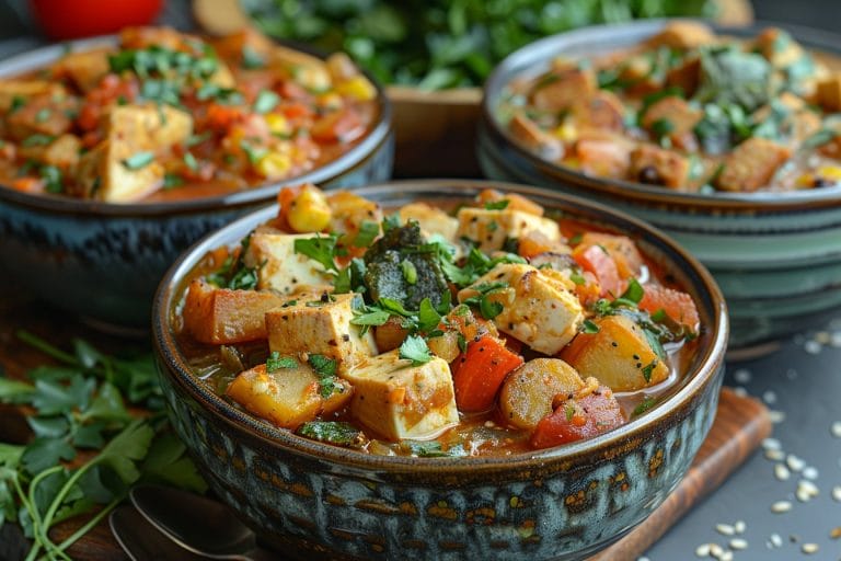 Gros plan de trois bols remplis d'un ragoût coloré de tofu et de légumes, agrémenté d'herbes fraîches. Le ragoût contient des morceaux de tofu, des carottes, des pommes de terre et des légumes verts, avec un bouillon vibrant, le tout présenté sur une surface en bois foncé.